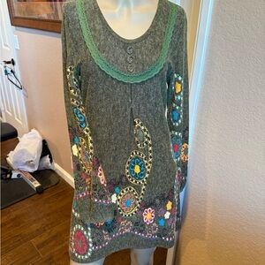 Hazel Gray and Green Asymmetrical Embellished Sweater Dress